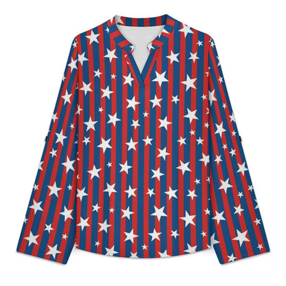 American Flag Roll Tab 3/4 Sleeve Notched V Neck Tunic Blouse