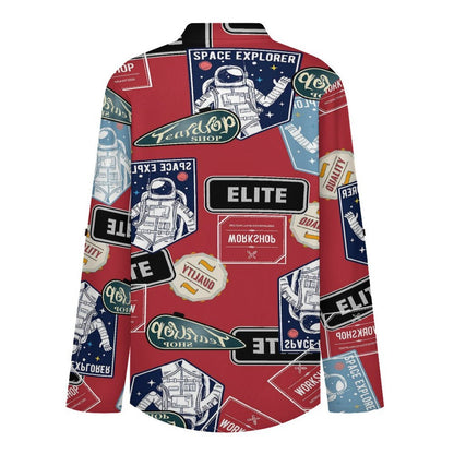 Stand-up Collar Long-sleeved Shirt Astronauts, Icons, Newspapers white S Women’s V-Neck Blouses
