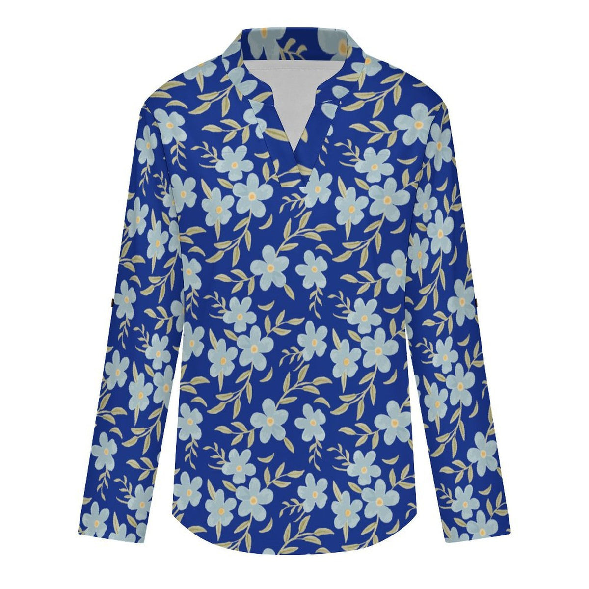 Versatile Notched V-Neck Tunic | Roll Tab 3/4 Sleeve Office Casual Top  Floral Repeat Pattern Skirt for Women