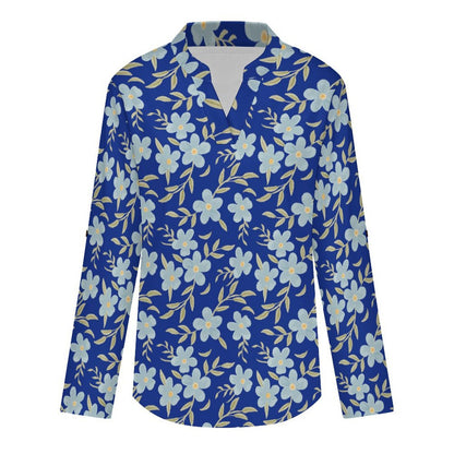 Versatile Notched V-Neck Tunic | Roll Tab 3/4 Sleeve Office Casual Top  Floral Repeat Pattern Skirt for Women