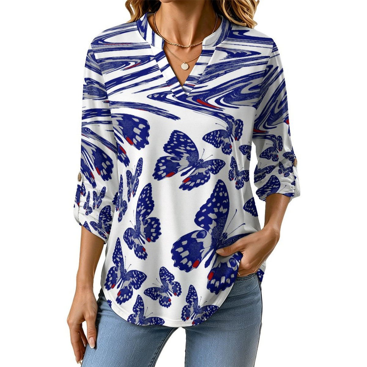Women's Notched V Neck Tunic Tops, Roll Up 3/4 Sleeve Button Cuff Casual Blouse, Hem Loose Work Shirts  Butterflies, Shaking, Repeating Patterns