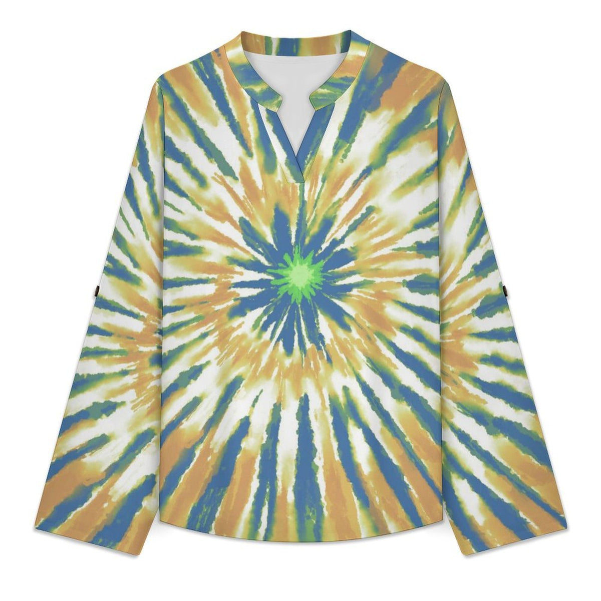 Women's Notched V Neck Tunic Tops, Roll Up 3/4 Sleeve Button Cuff Casual Blouse, Hem Loose Work Shirts  Tie-dye Radiation  Blue Yellow