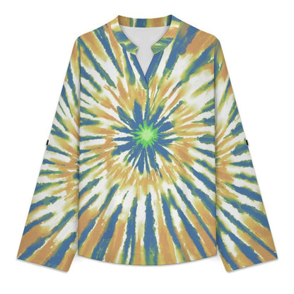 Women's Notched V Neck Tunic Tops, Roll Up 3/4 Sleeve Button Cuff Casual Blouse, Hem Loose Work Shirts  Tie-dye Radiation  Blue Yellow