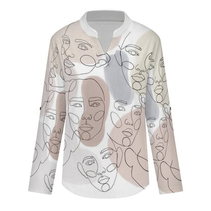 Character Line Design Roll Tab 3/4 Sleeve Notched V Neck Tunic Blouse