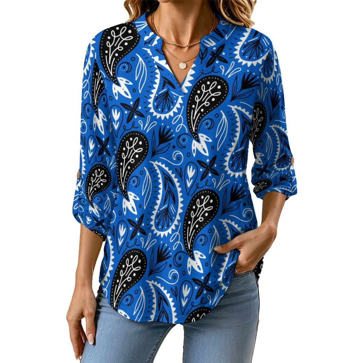 Paisley  Versatile Notched V-Neck Tunic | Roll Tab 3/4 Sleeve Office Casual Top