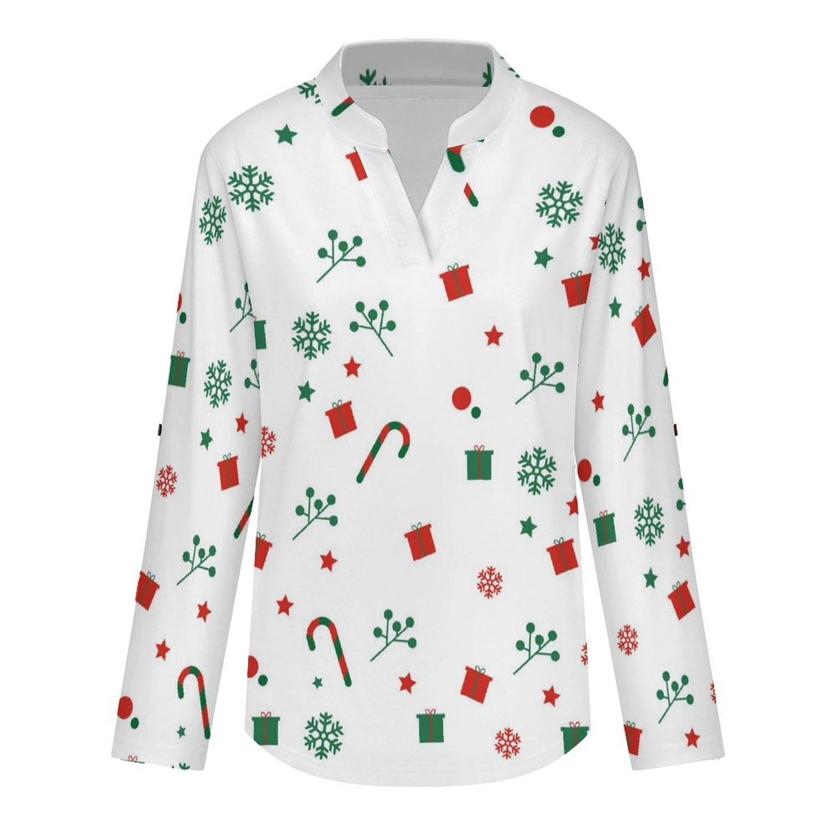 Women's Notched V Neck Tunic Tops, Roll Up 3/4 Sleeve Button Cuff Casual Blouse, Hem Loose Work Shirts  Christmas Snow
