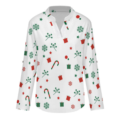 Women's Notched V Neck Tunic Tops, Roll Up 3/4 Sleeve Button Cuff Casual Blouse, Hem Loose Work Shirts  Christmas Snow
