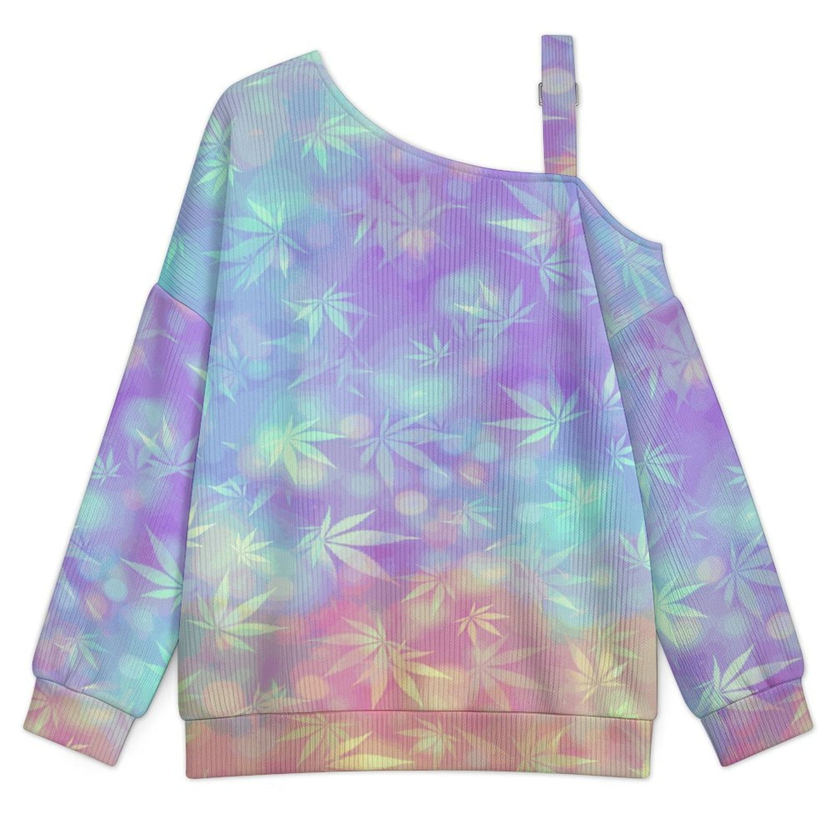 Fall Casual Asymmetric Shoulder Knit Top with Buckle Detail Colorful Leaf Pattern, Summer