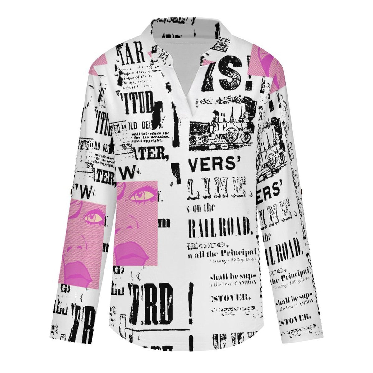 Stand-up Collar Long-sleeved Shirt Newspaper Vintage Dress white S Women’s V-Neck Blouses