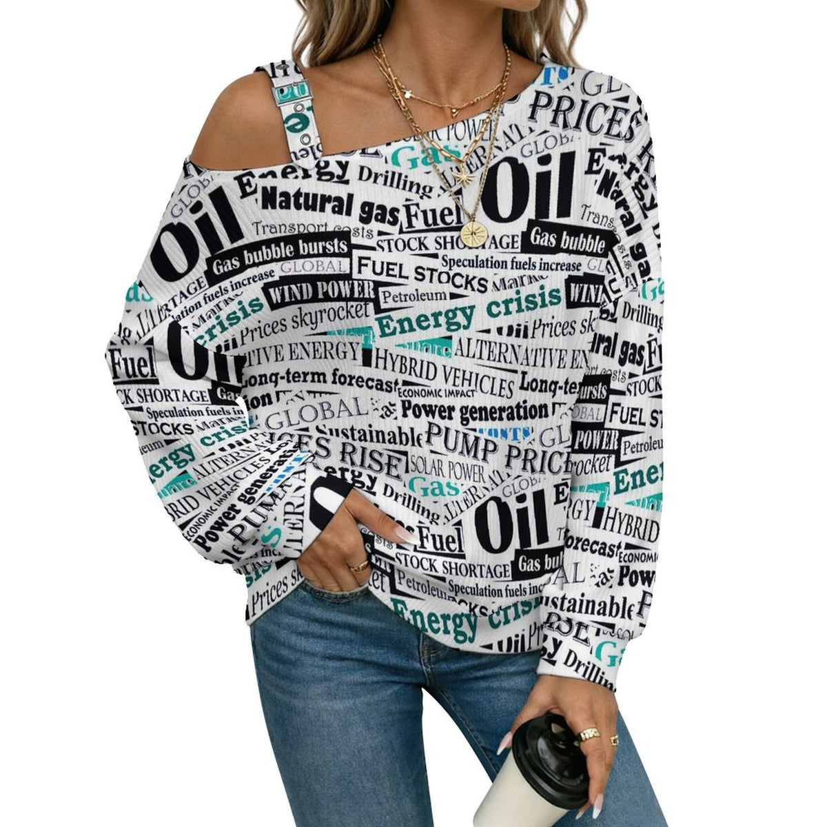Fall Casual Asymmetric Shoulder Knit Top with Buckle Detail Newspaper, Repeating Pattern