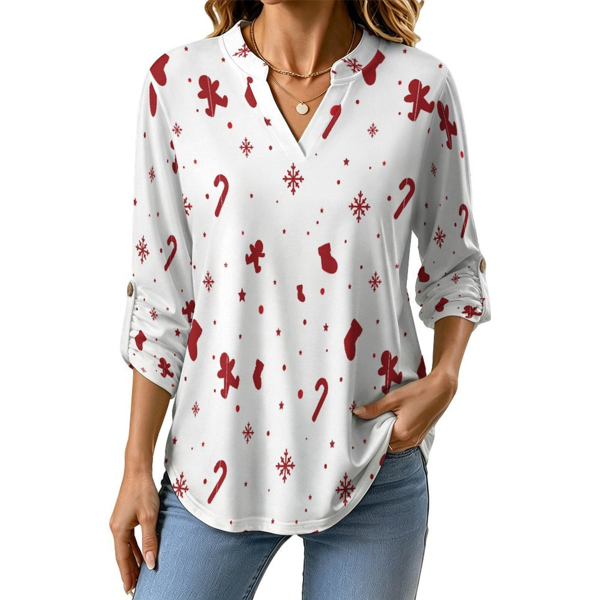 Versatile Notched V-Neck Tunic  Roll Tab 3/4 Sleeve Office Casual Top  Christmas Decorations