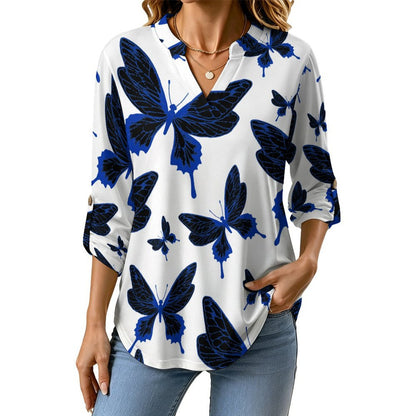 Butterfly Good Luck Repeat Pattern  Versatile Notched V-Neck Tunic | Roll Tab 3/4 Sleeve Office Casual Top