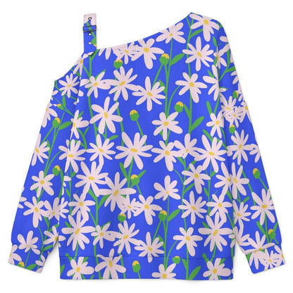 Fall Casual Asymmetric Shoulder Knit Top with Buckle Detail White Flower