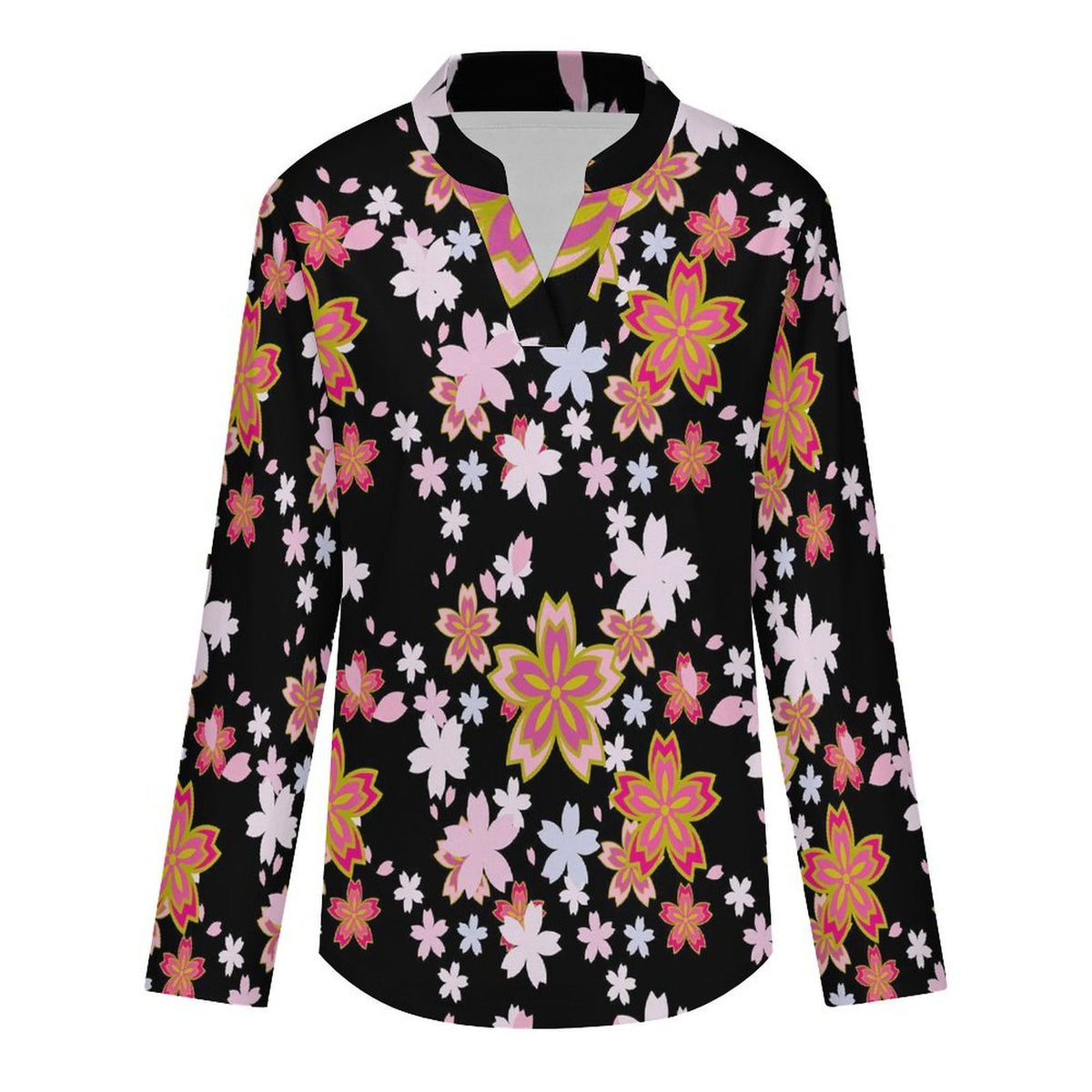 Black, Pink Cherry Blossoms Roll Tab 3/4 Sleeve Notched V Neck Tunic Blouse