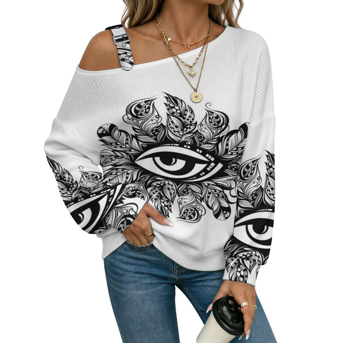 Feathers Eye Buckle Strap Asymmetrical Off Shoulder Knit Sweater