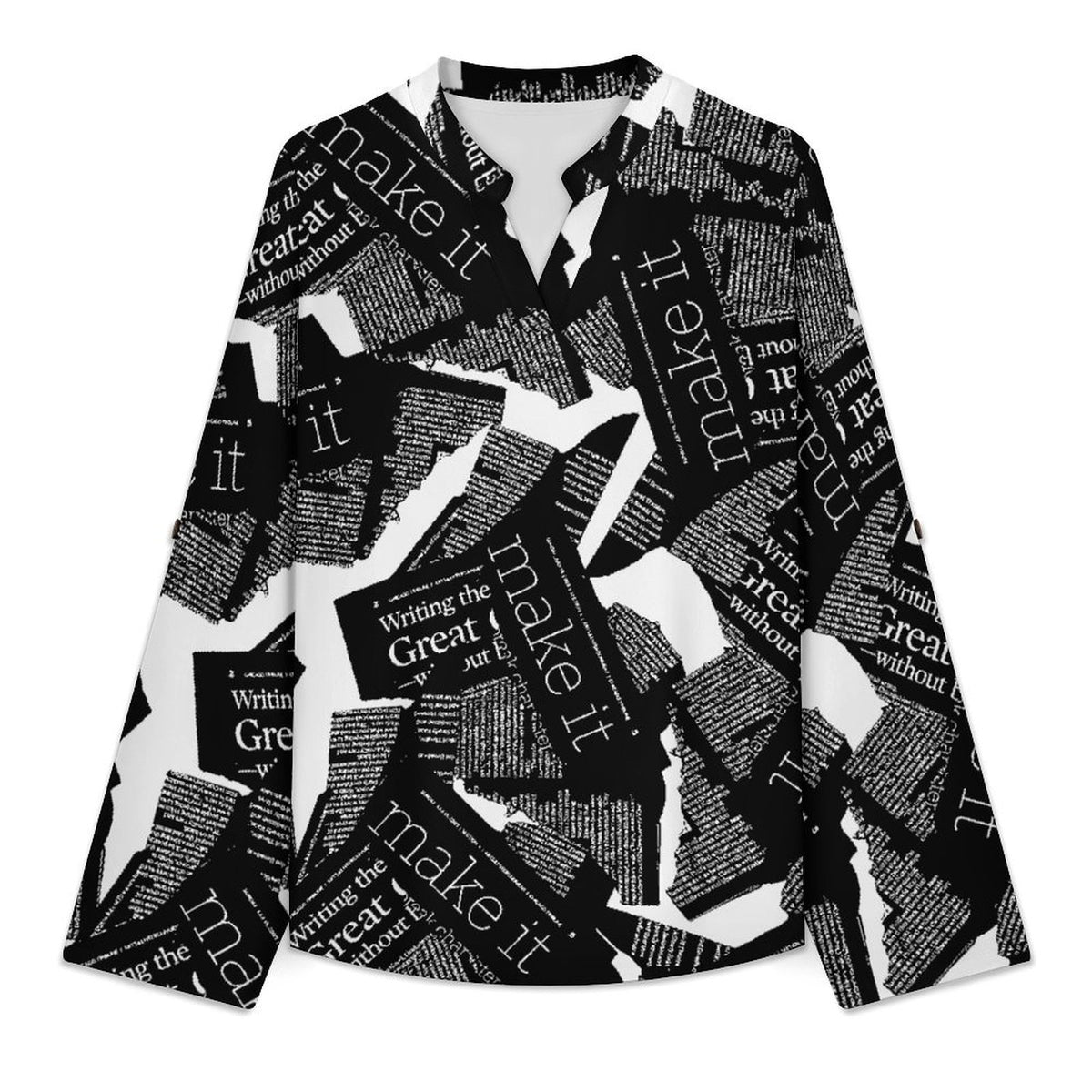 Stand-up Collar Long-sleeved Shirt Newspaper Vintage Dress white S Women’s V-Neck Blouses