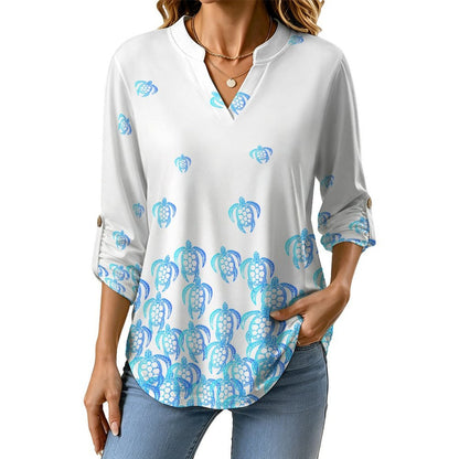 Blue Turtle Dress  Versatile Notched V-Neck Tunic | Roll Tab 3/4 Sleeve Office Casual Top