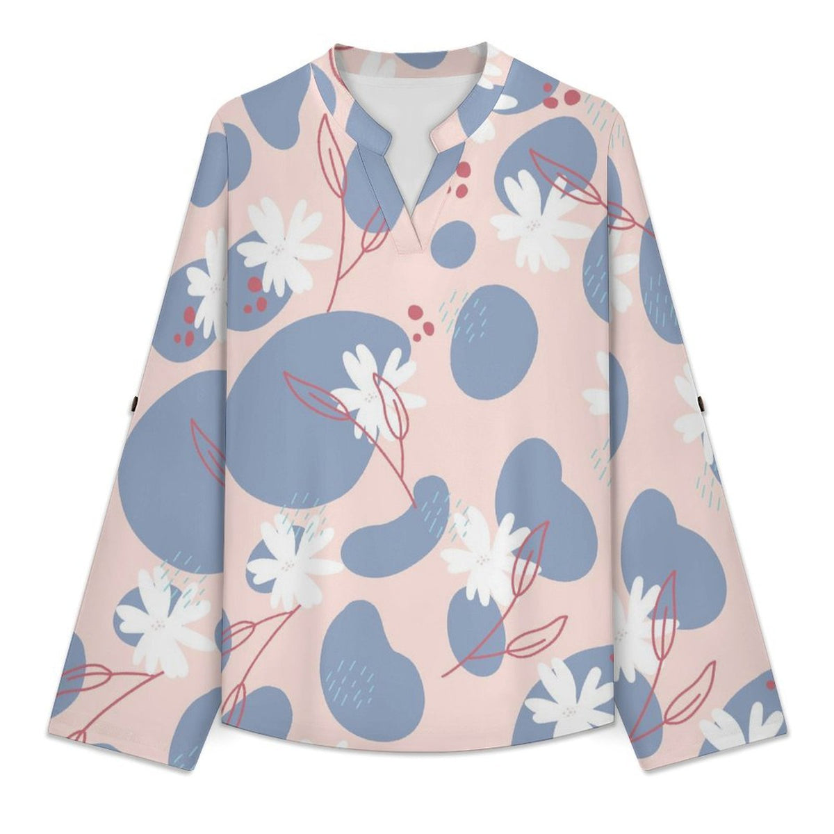 Women Curved Hem V Neck Roll Sleeve Casual Work Top  Floral, Repeating Pattern