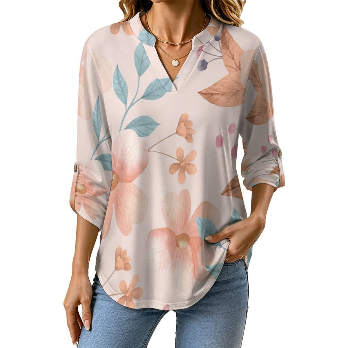 Stand-up Collar Long-sleeved Shirt Pink Flowers, Background white SWomen’s V-Neck Blouses