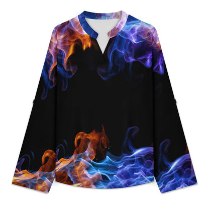 Flame  Versatile Notched V-Neck Tunic | Roll Tab 3/4 Sleeve Office Casual Top