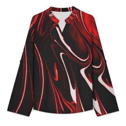 Versatile Notched V-Neck Tunic | Roll Tab 3/4 Sleeve Office Casual Top  Red Black Liquid Pattern