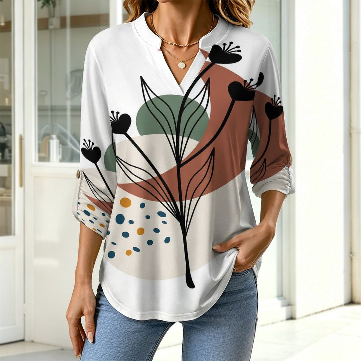 Chinese Wind Scenery  Versatile Notched V-Neck Tunic | Roll Tab 3/4 Sleeve Office Casual Top