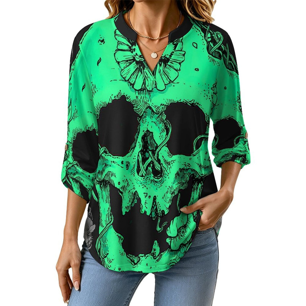 Women's Notched V Neck Tunic Tops, Roll Up 3/4 Sleeve Button Cuff Casual Blouse, Hem Loose Work Shirts Mysterious Skull