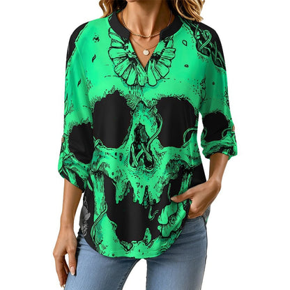 Women's Notched V Neck Tunic Tops, Roll Up 3/4 Sleeve Button Cuff Casual Blouse, Hem Loose Work Shirts Mysterious Skull