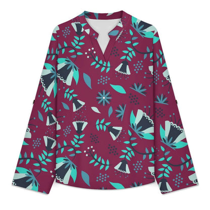 Women Curved Hem V Neck Roll Sleeve Casual Work Top  Batik Purple