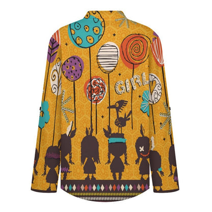 Indian Cartoon Doll  Women Curved Hem V Neck Roll Sleeve Casual Work Top