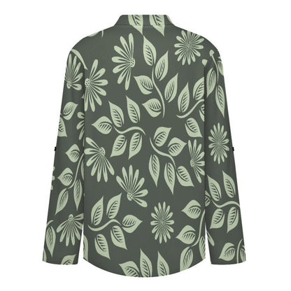 Green Sunflower Leaves  Versatile Notched V-Neck Tunic | Roll Tab 3/4 Sleeve Office Casual Top