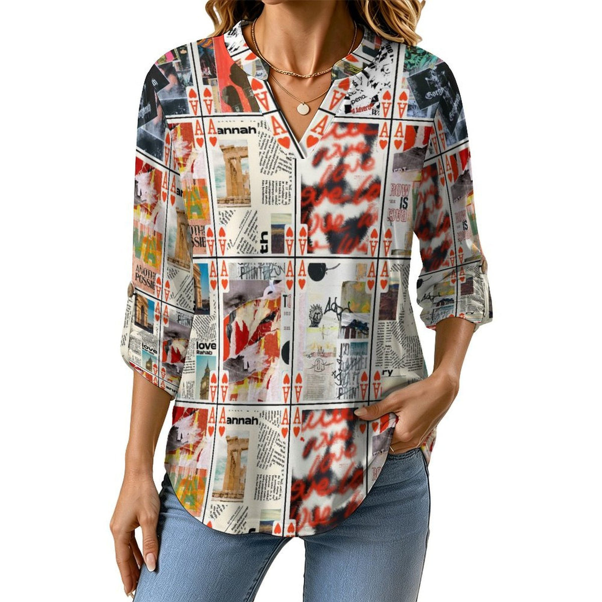 Poker Graffiti Roll Tab 3/4 Sleeve Notched V Neck Tunic Blouse