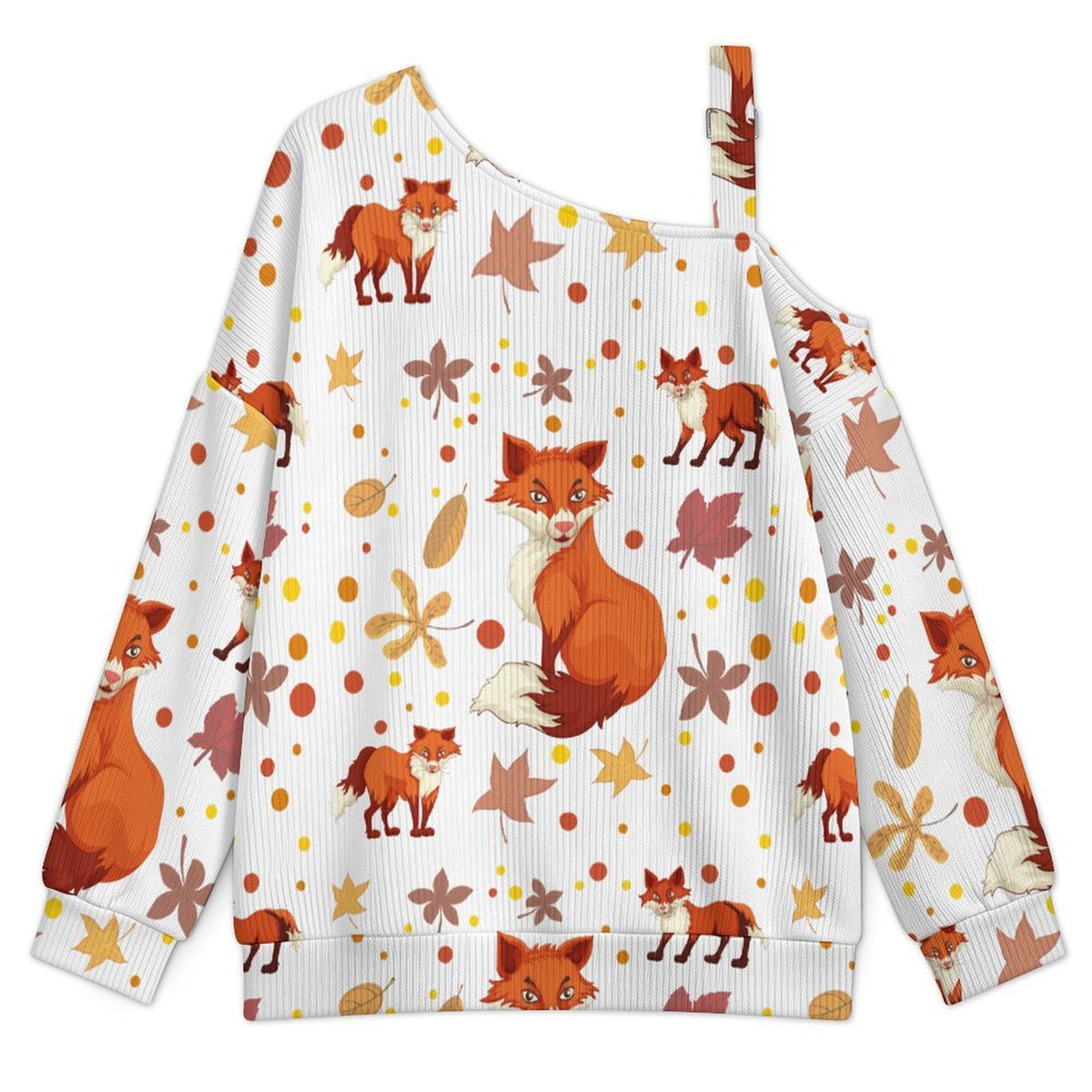 Fall Casual Asymmetric Shoulder Knit Top with Buckle Detail Fallen Leaves, Pine Cones, Squirrels