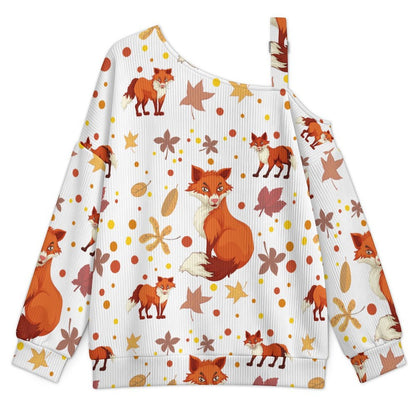 Fall Casual Asymmetric Shoulder Knit Top with Buckle Detail Fallen Leaves, Pine Cones, Squirrels