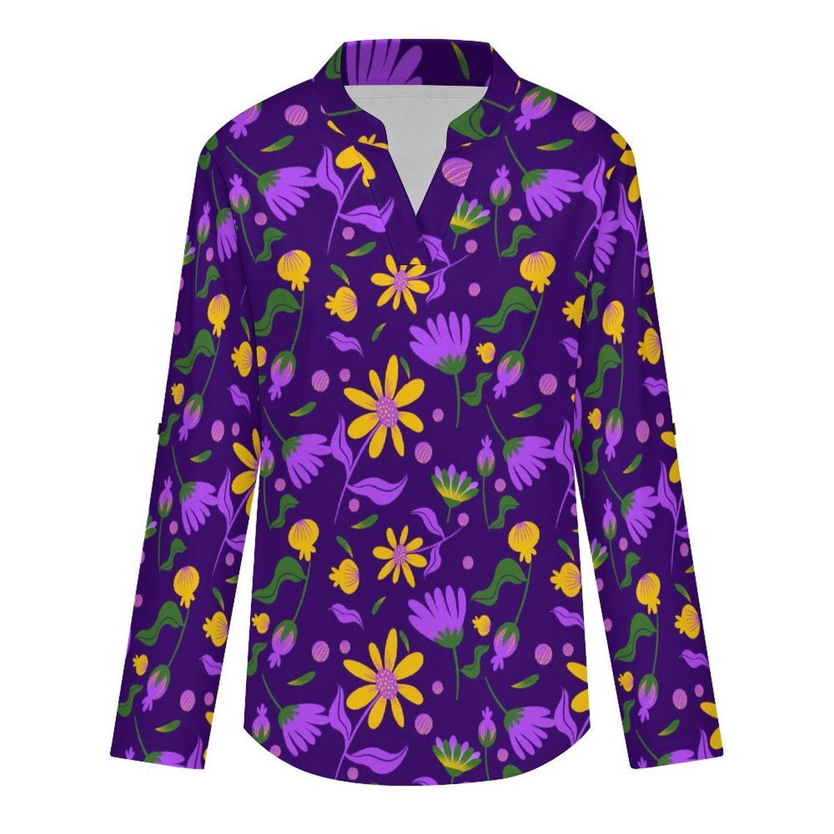 Flower Pattern Repeat  Versatile Notched V-Neck Tunic | Roll Tab 3/4 Sleeve Office Casual Top