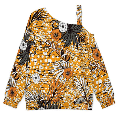 Yellow Flower Pattern Buckle Strap Asymmetrical Off Shoulder Knit Sweater