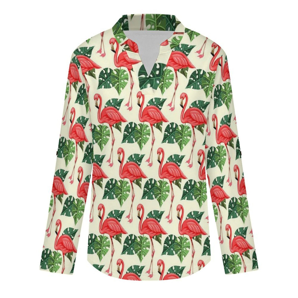 Women's Notched V Neck Tunic Tops, Roll Up 3/4 Sleeve Button Cuff Casual Blouse, Hem Loose Work Shirts Flamingo, Repeating Pattern