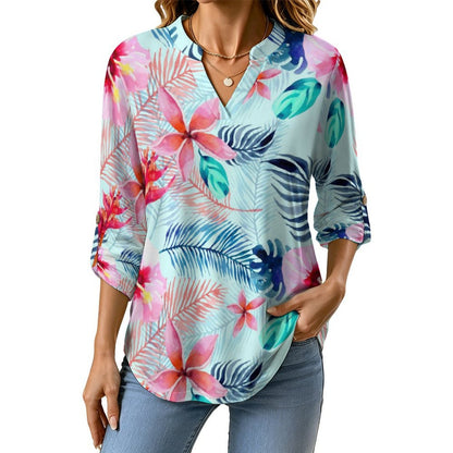 Marijuana Leaves, Flowers  Versatile Notched V-Neck Tunic | Roll Tab 3/4 Sleeve Office Casual Top