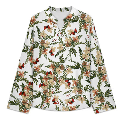 Versatile Notched V-Neck Tunic  Roll Tab 3/4 Sleeve Office Casual Top  Butterfly, Flower, Repeating Pattern