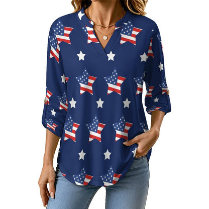 American Flag Star  Versatile Notched V-Neck Tunic | Roll Tab 3/4 Sleeve Office Casual Top