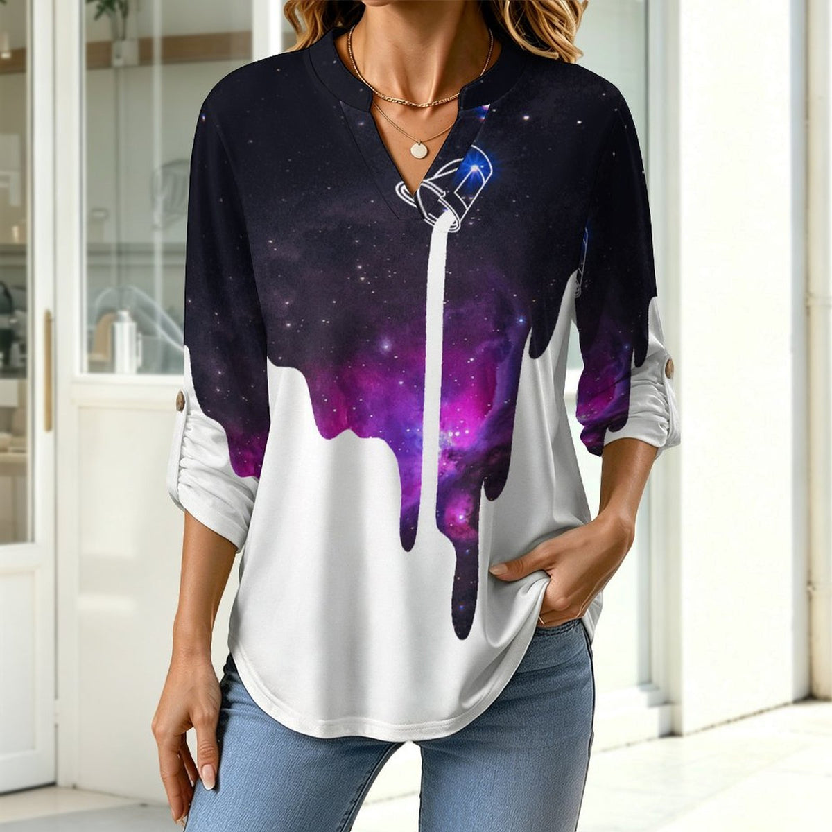Starry Sky  Versatile Notched V-Neck Tunic | Roll Tab 3/4 Sleeve Office Casual Top