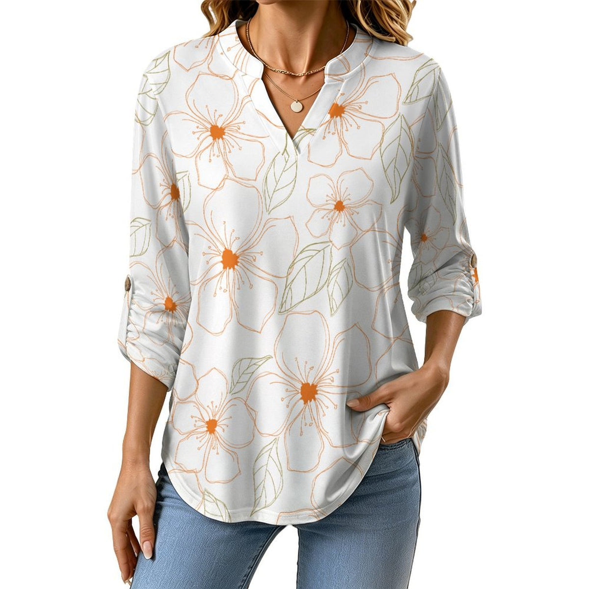 Black Repeat Pattern Flower  Versatile Notched V-Neck Tunic | Roll Tab 3/4 Sleeve Office Casual Top
