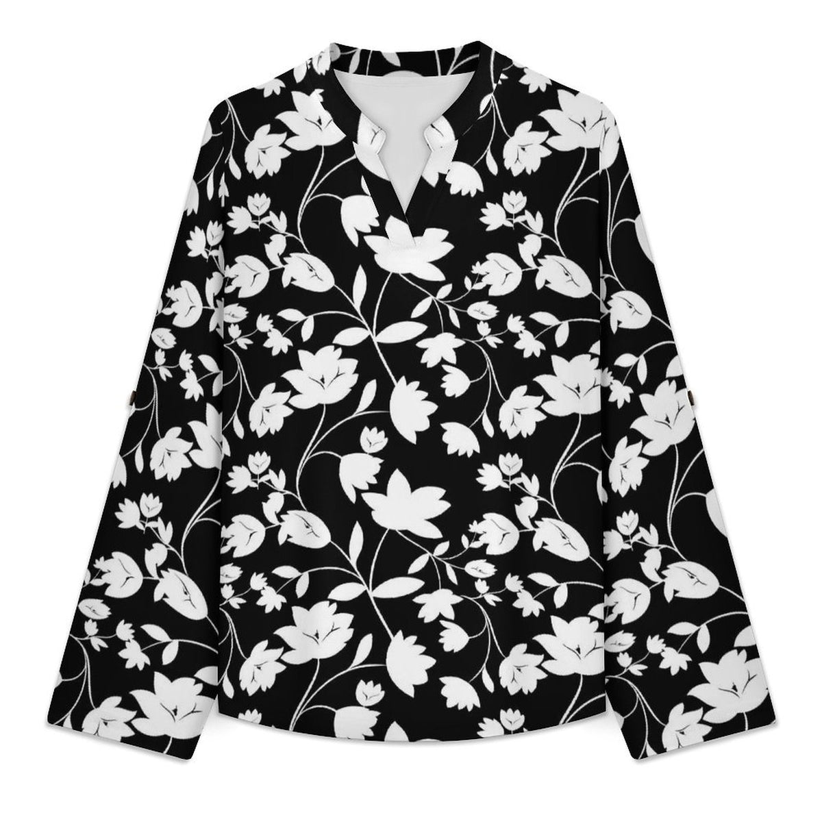 Flower  Versatile Notched V-Neck Tunic | Roll Tab 3/4 Sleeve Office Casual Top