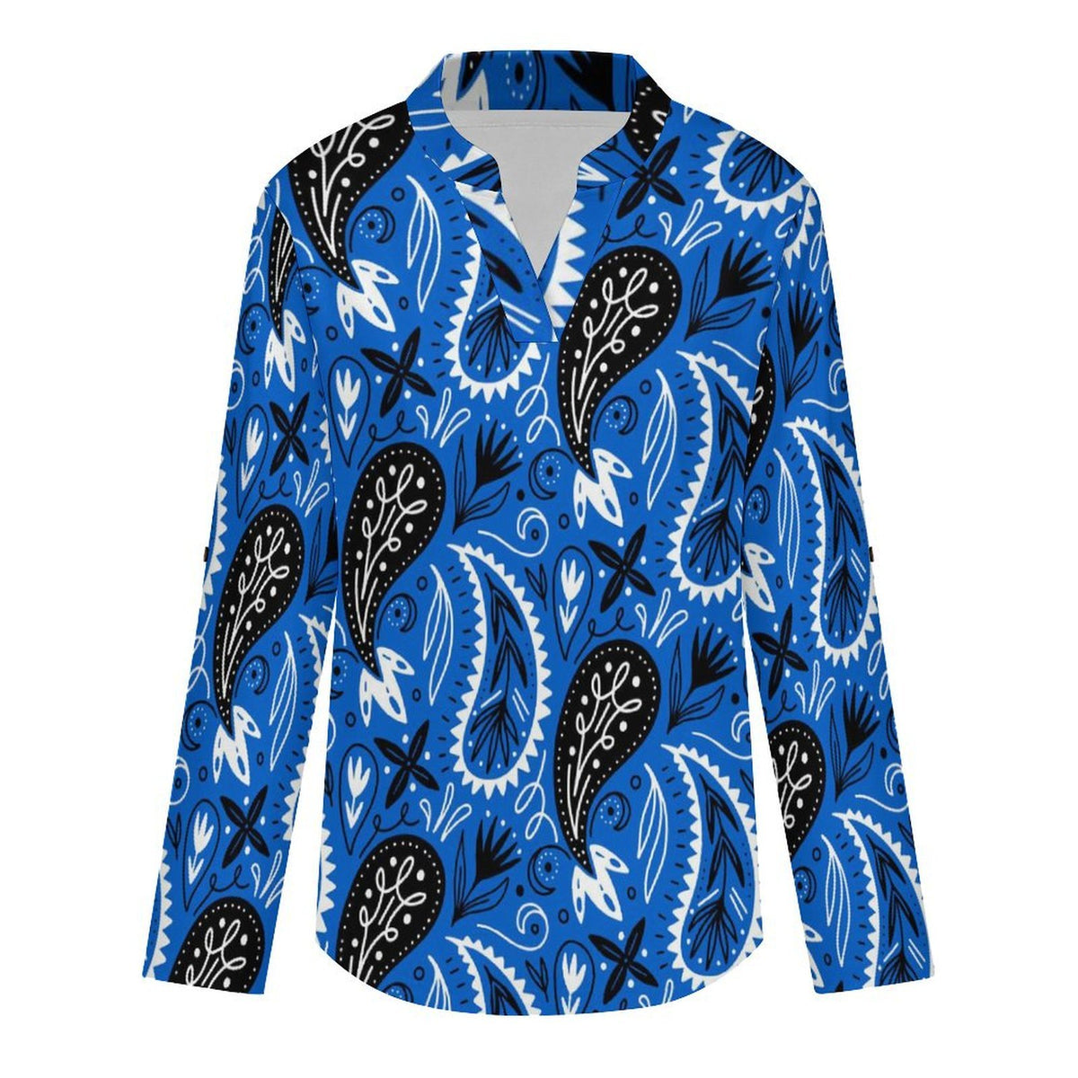 Paisley Women's Notched V Neck Tunic Tops, Roll Up 3/4 Sleeve Button Cuff Casual Blouse, Hem Loose Work Shirts