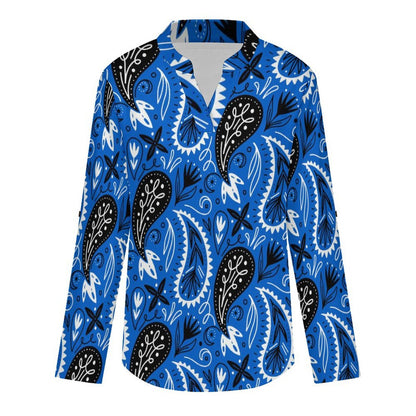 Paisley Women's Notched V Neck Tunic Tops, Roll Up 3/4 Sleeve Button Cuff Casual Blouse, Hem Loose Work Shirts