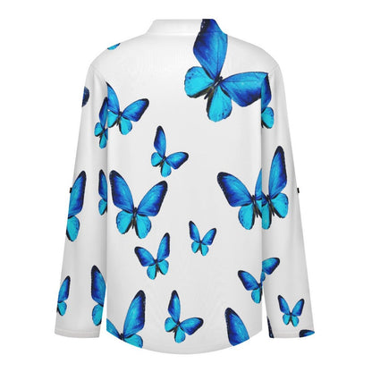 Women's Notched V Neck Tunic Tops, Roll Up 3/4 Sleeve Button Cuff Casual Blouse, Hem Loose Work Shirts  Blue Butterfly in My Dream