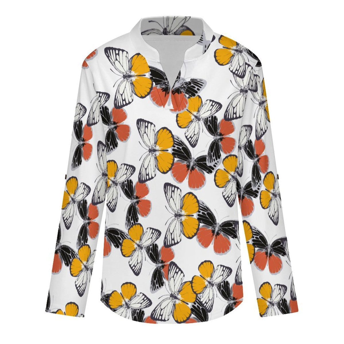 Women's Notched V Neck Tunic Tops, Roll Up 3/4 Sleeve Button Cuff Casual Blouse, Hem Loose Work Shirts  Butterfly, Repeating Pattern