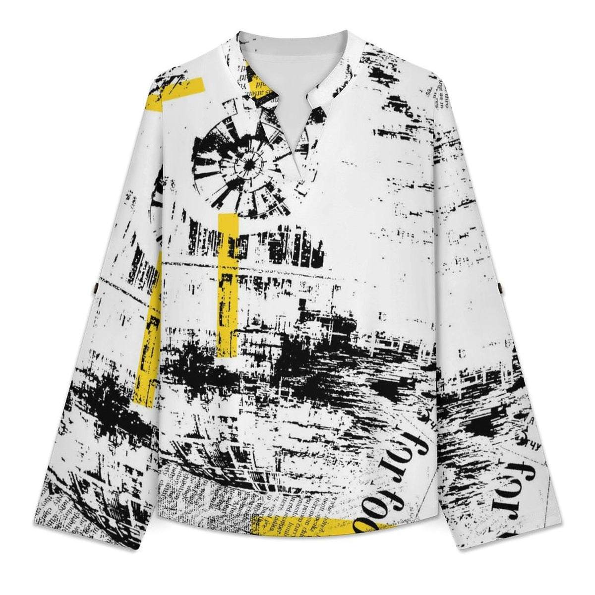 Versatile Notched V-Neck Tunic | Roll Tab 3/4 Sleeve Office Casual Top  Newspaper Girls T-shirt