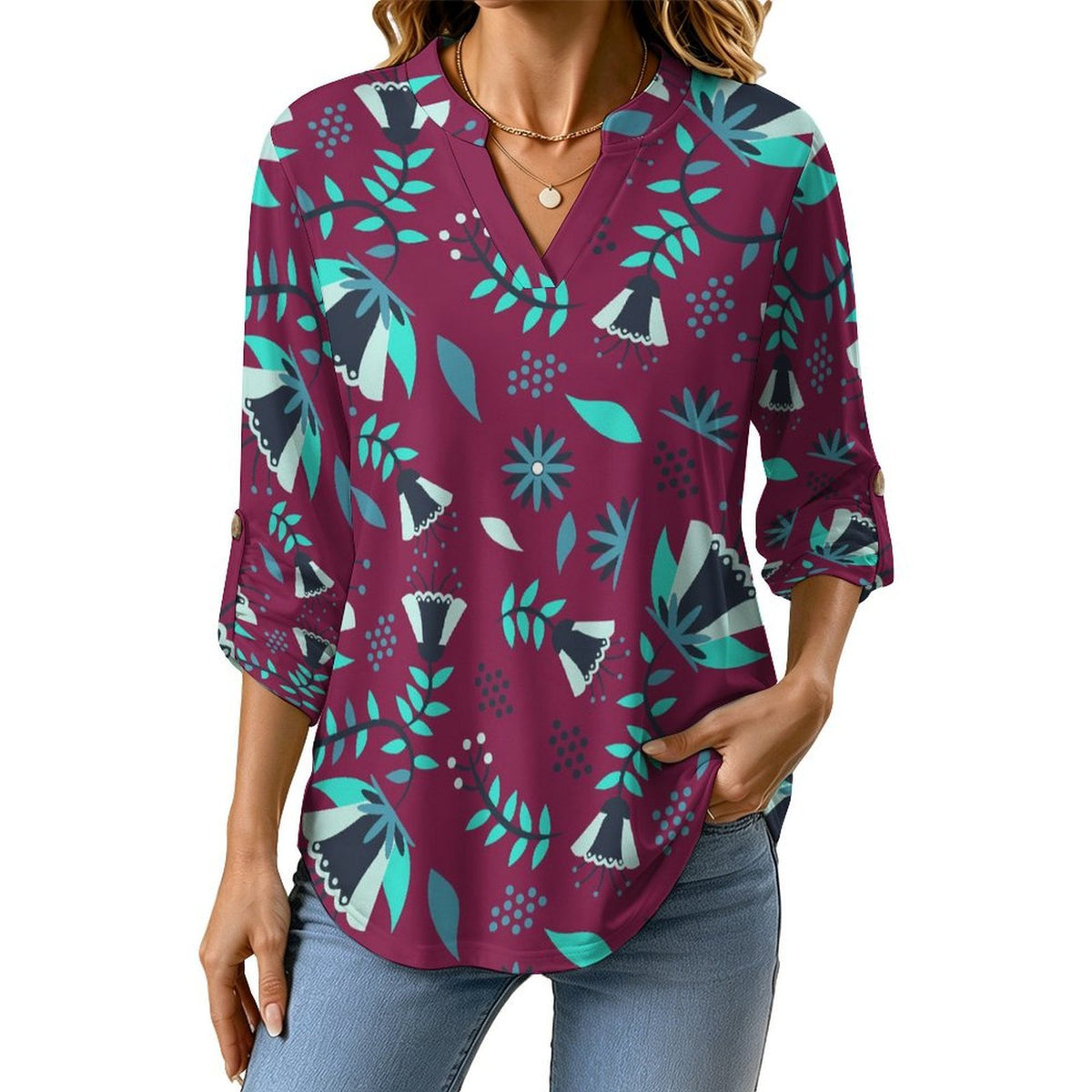 Women Curved Hem V Neck Roll Sleeve Casual Work Top  Batik Purple