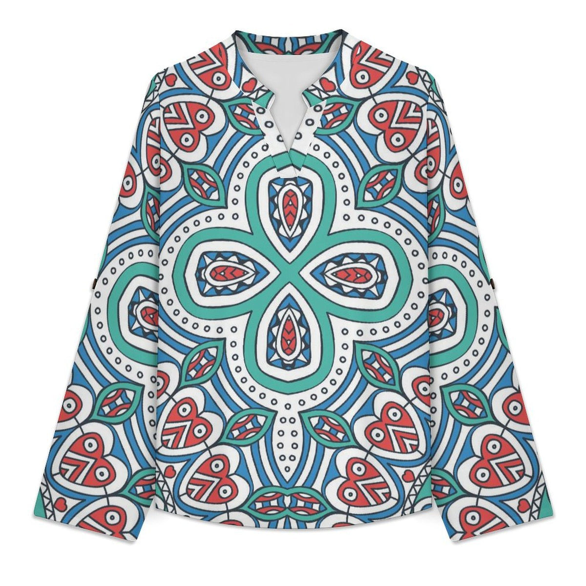 Chinese Style Repeating Pattern  Versatile Notched V-Neck Tunic | Roll Tab 3/4 Sleeve Office Casual Top